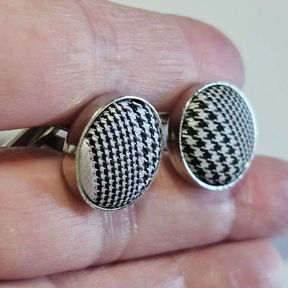 Men's Black and White Checkered Fabric Cufflinks Vintage Silver Tone